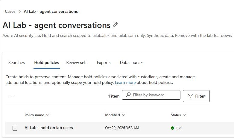 Microsoft Purview eDiscovery case AI Lab - agent conversations with its hold policy switched on