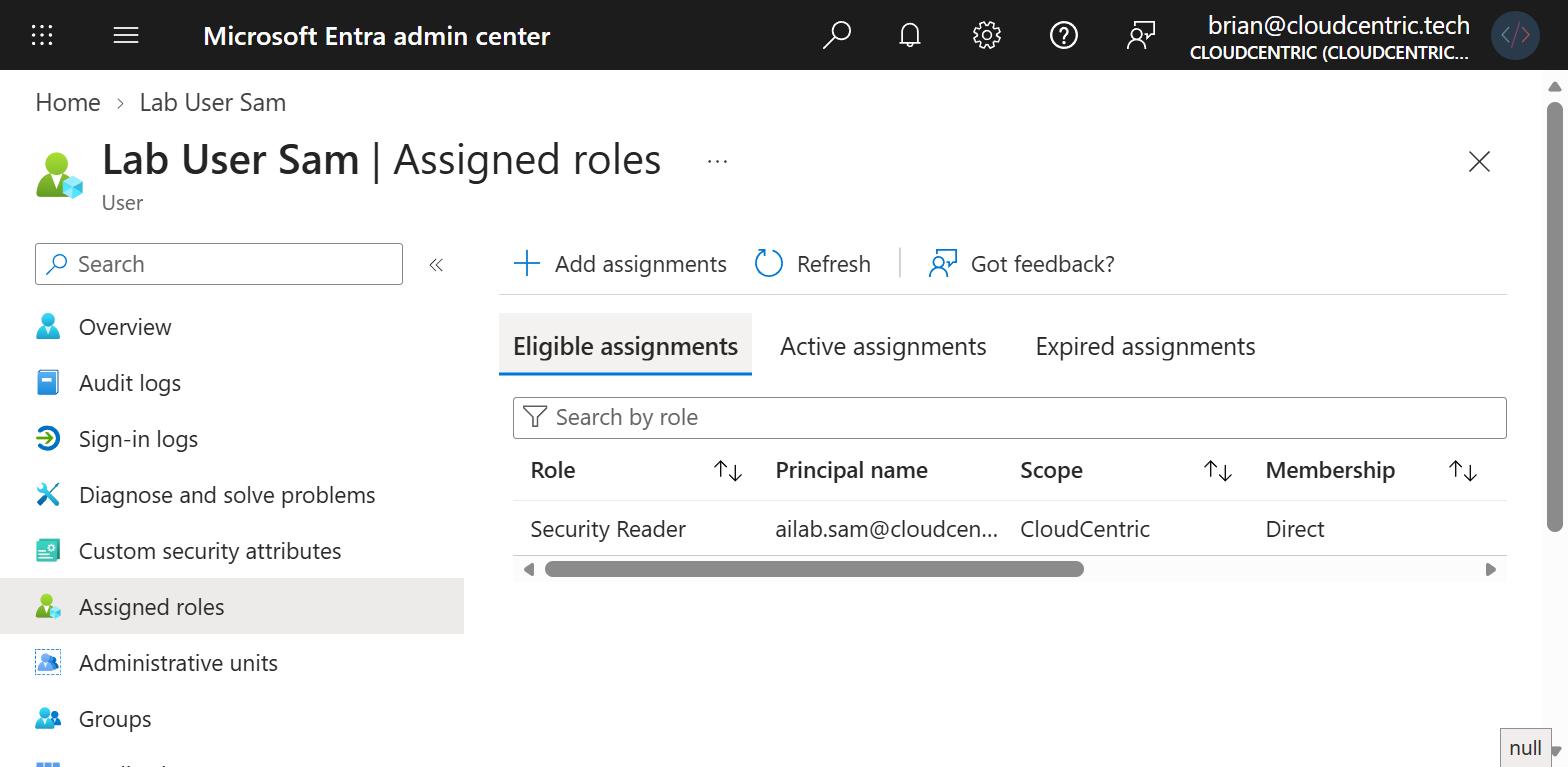 Microsoft Entra admin center showing Lab User Sam eligible for the Security Reader role