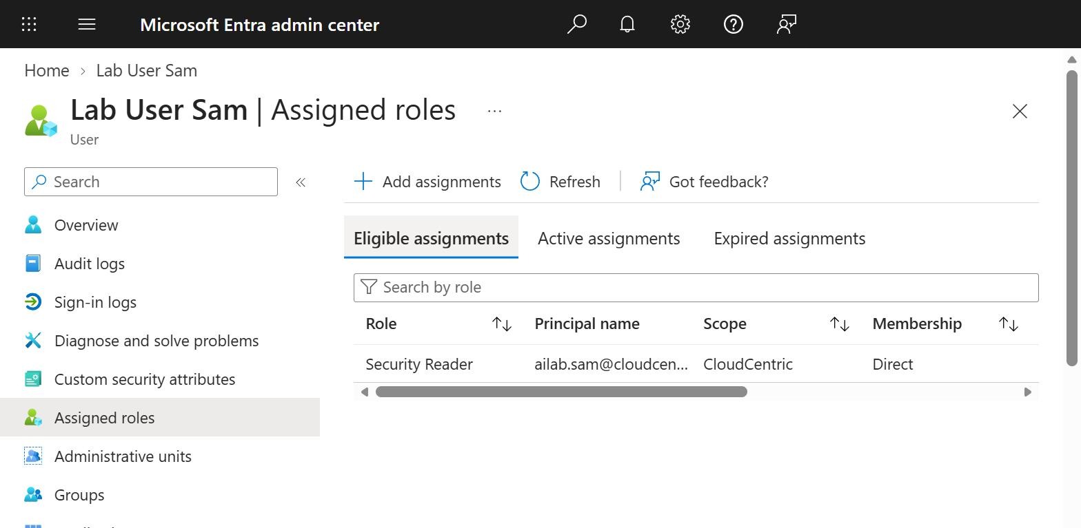 Microsoft Entra admin center showing Lab User Sam eligible for the Security Reader role