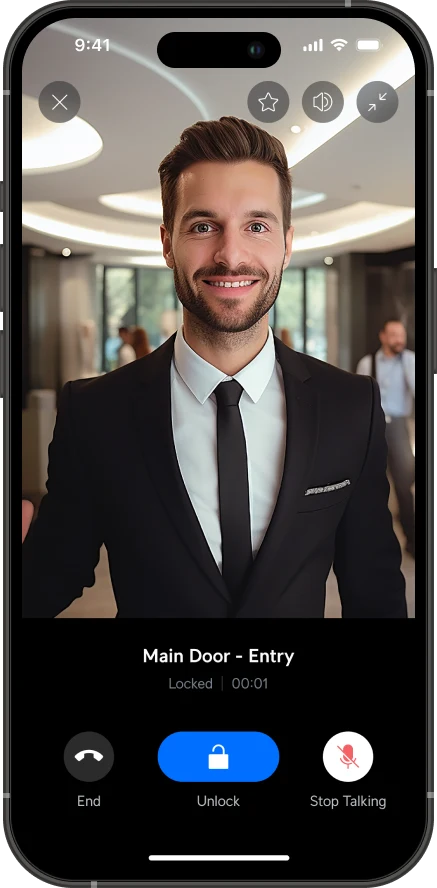 The Access app during a live call from an entry intercom, with Unlock