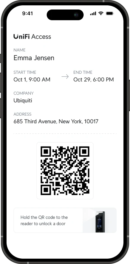 The Access app visitor pass with start and end times and a QR code
