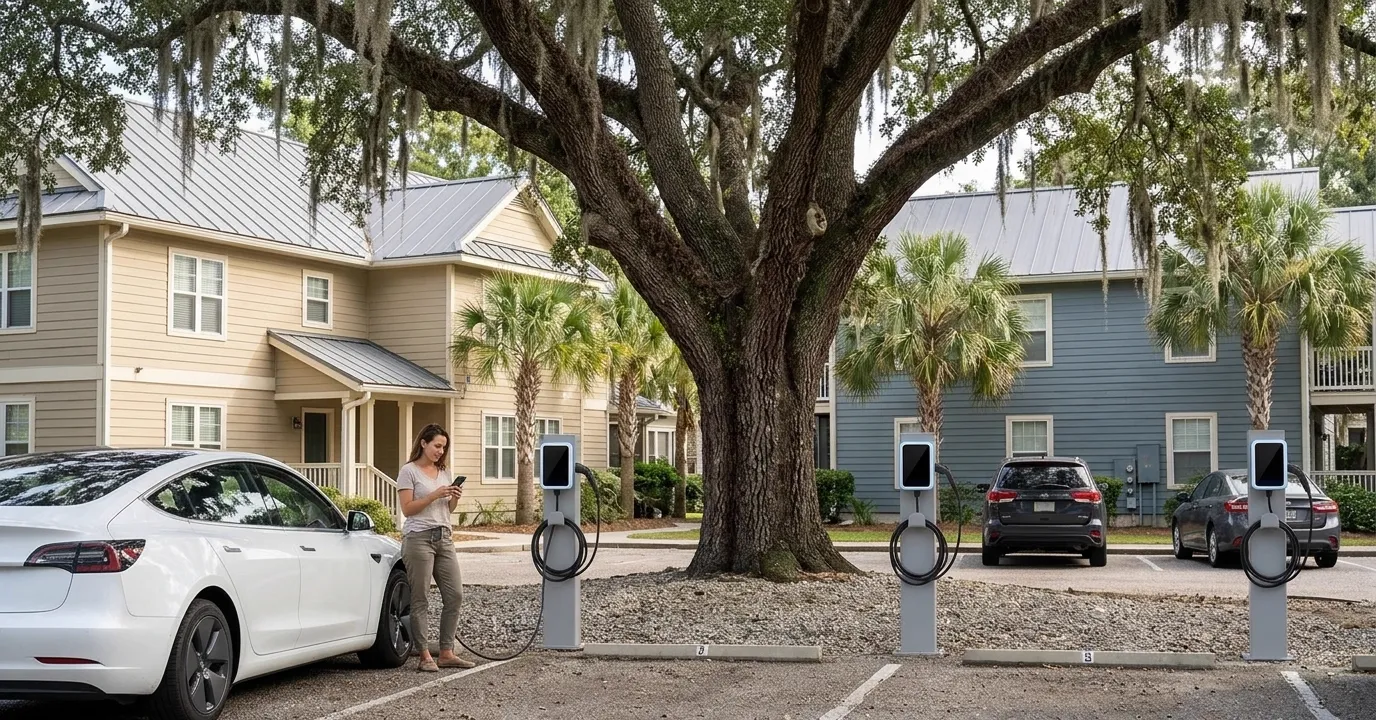 Four post-mounted chargers under a live oak at an apartment complex, one car plugged in