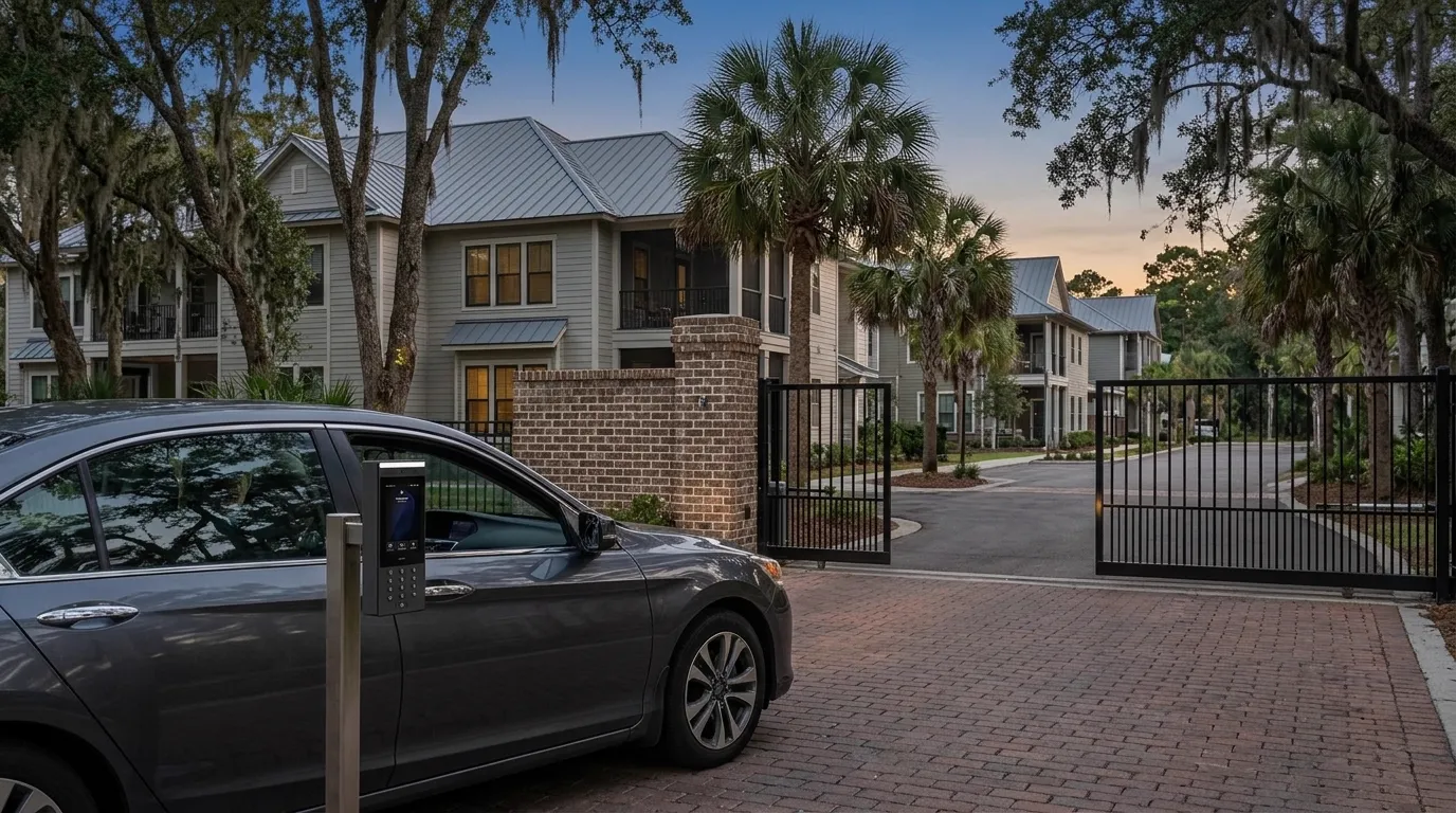 A car stopped at an apartment community's vehicle gate beside an entry intercom post