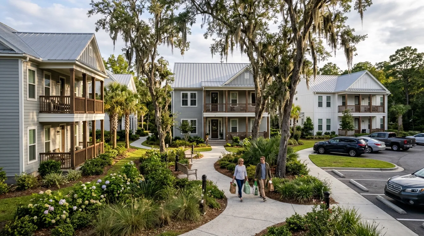 Garden-style apartment buildings with metal roofs under live oaks, two residents walking with groceries