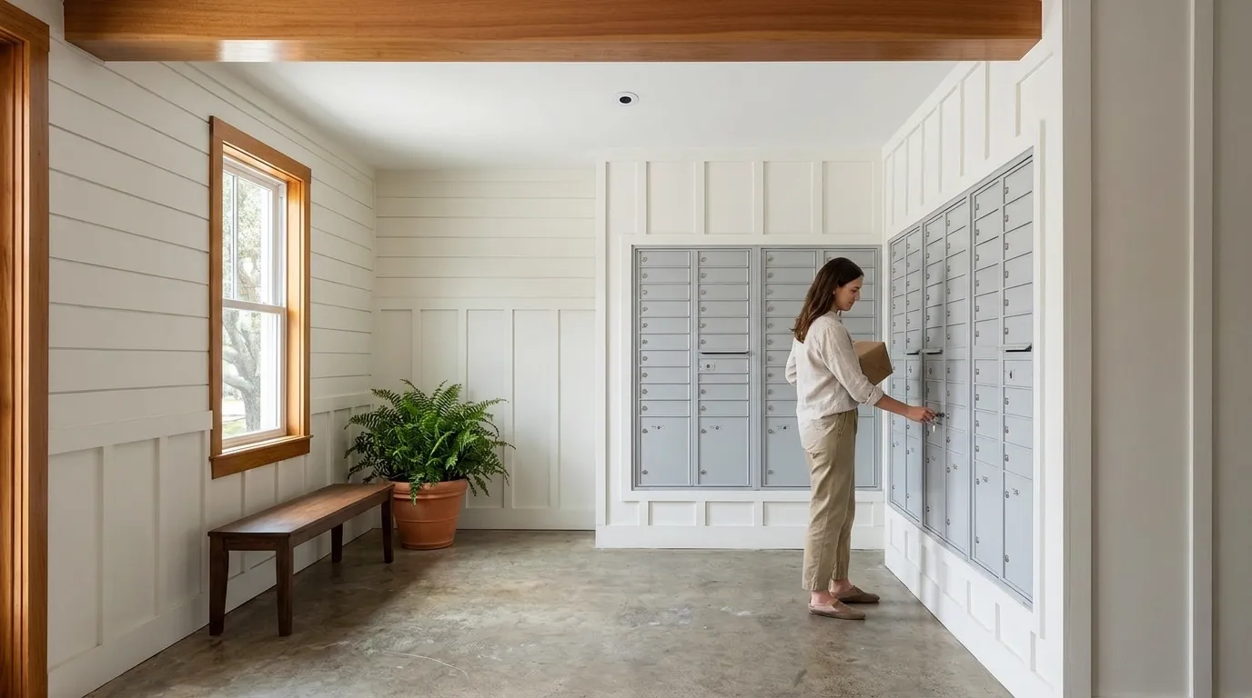 A resident at the mailboxes in a lobby, with one small dark camera lens flush in the ceiling