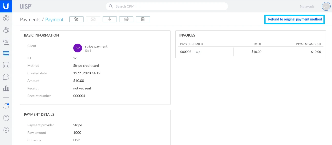 UISP payment record: a client's credit card payment against a paid invoice