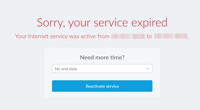 Page a client sees when service has ended, with a Reactivate service button