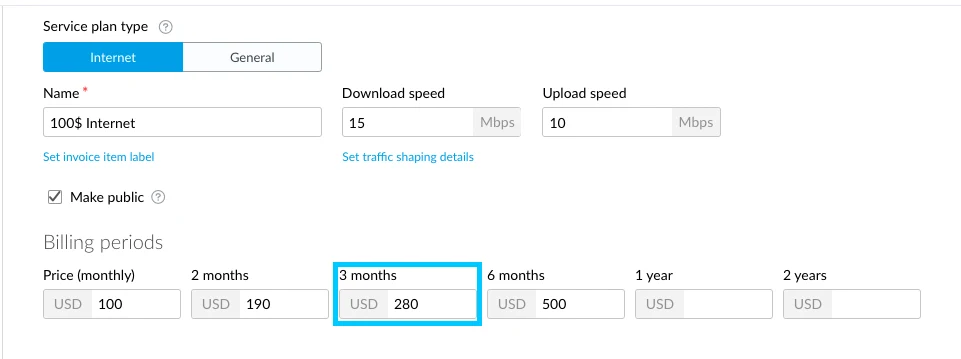 UISP service plan form with download and upload speed and a price per billing period