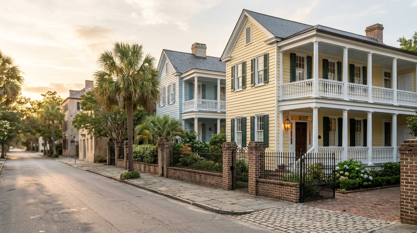 Two Charleston single houses with double piazzas, painted clapboard and a brick garden wall on a quiet street at sunset