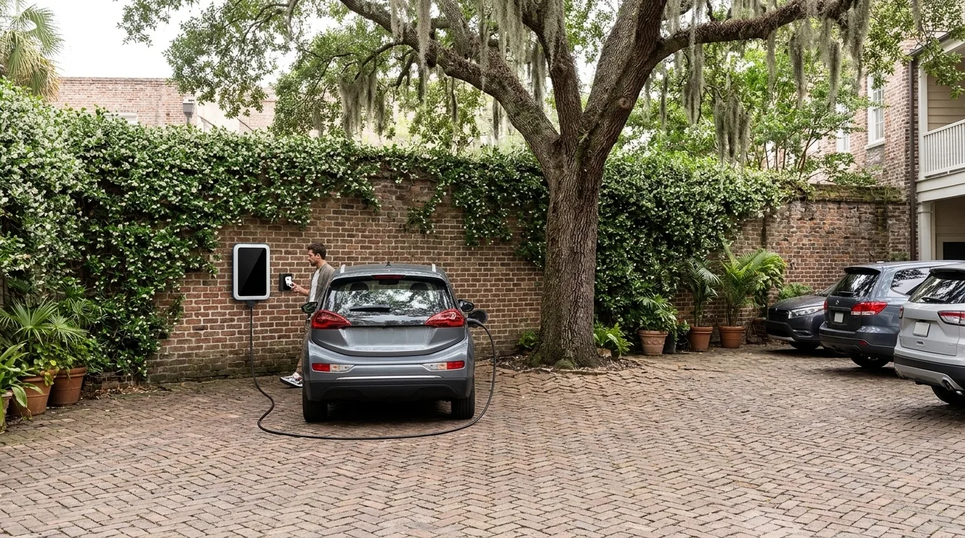 A guest tapping a phone on a card terminal beside a wall-mounted charger in a hotel's brick parking court, an electric car plugged in