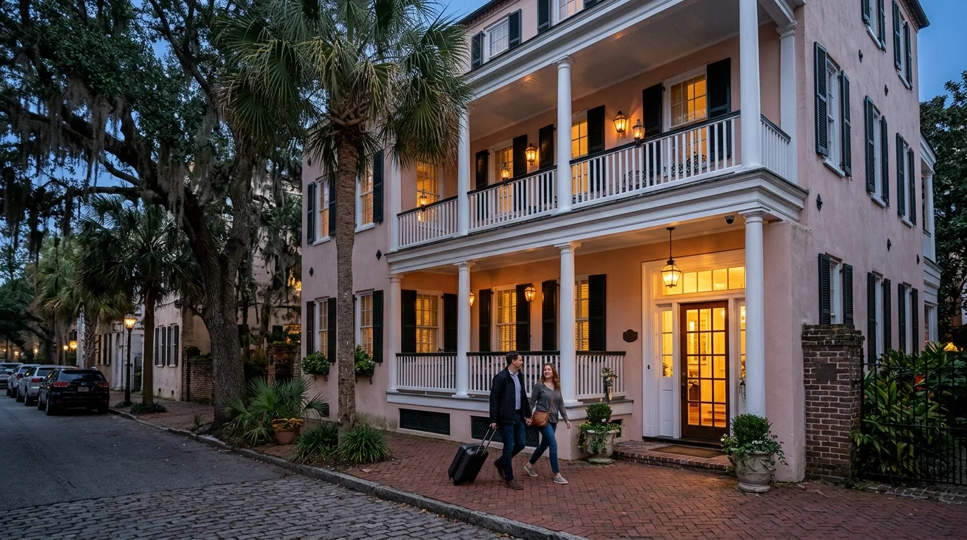 Two guests with a suitcase walking up to the lit front door of a pink stucco hotel with a double piazza in Charleston at dusk