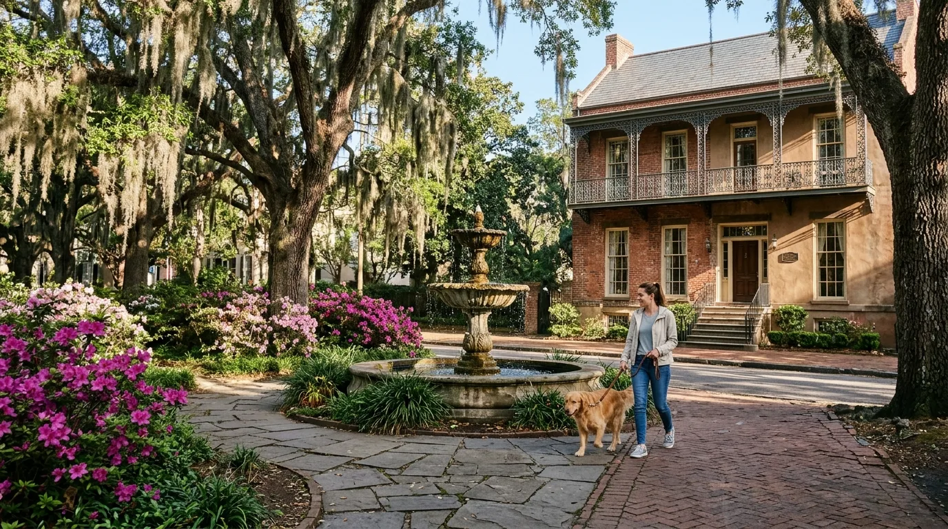 A small brick and stucco inn with an iron balcony on a Savannah square, a guest walking a dog past a fountain