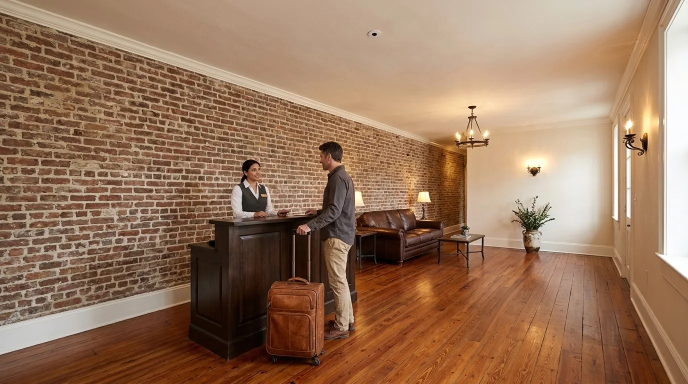A hotel lobby with a front desk, a guest checking in and a small round camera lens flush in the ceiling