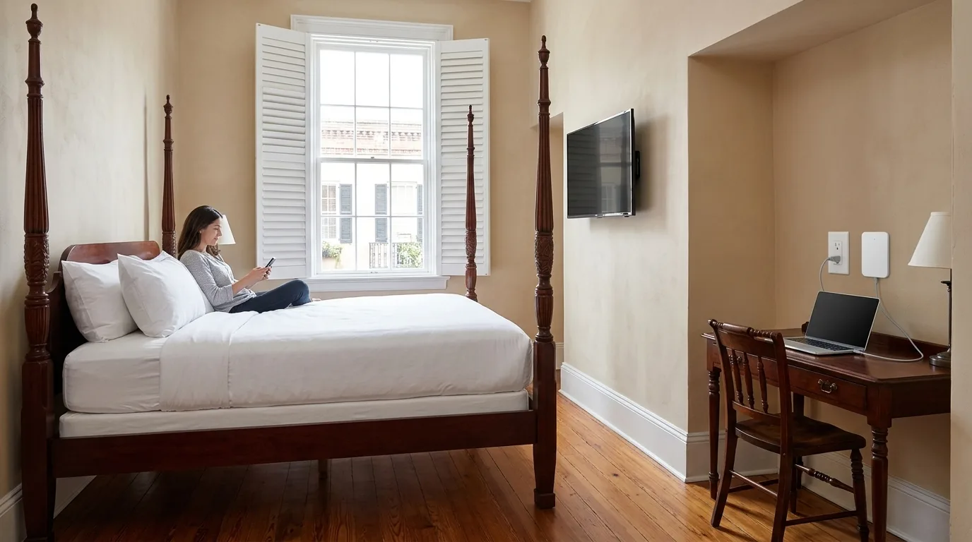 A guest room with a four-poster bed, a wall-mounted television and a desk, with a slim white wall plate beside the outlet at the desk