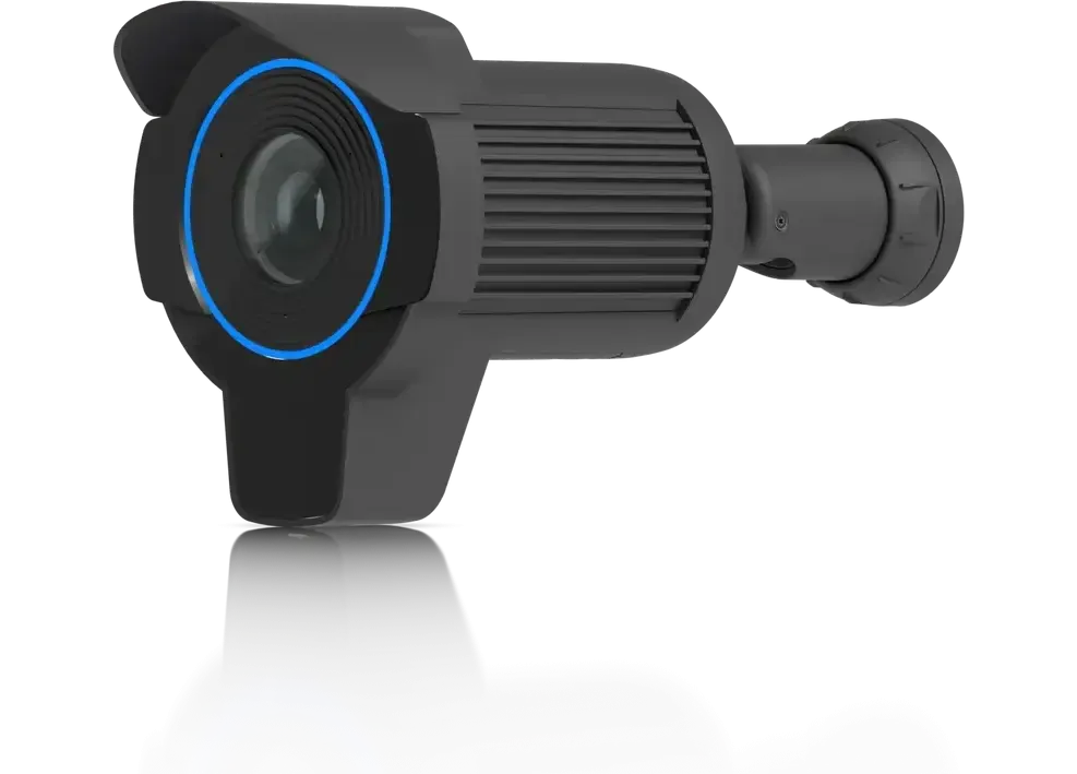A long-lens camera on its bracket, hood and illuminated lens ring forward