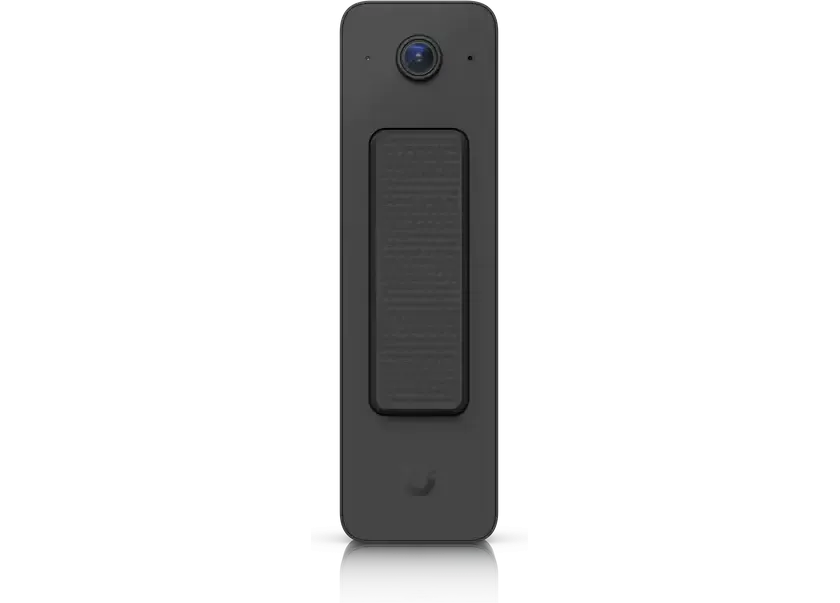 A doorbell unit front-on, camera above and call button below