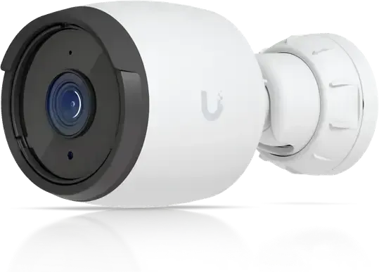 A bullet camera at three-quarters, lens ring towards the viewer