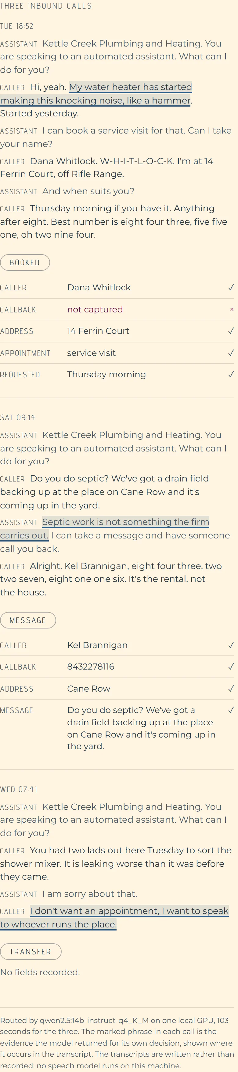 Three inbound calls, each above the record it produced: a booked service visit, a message taken for work the firm does not carry out, and a complaint transferred to a person.