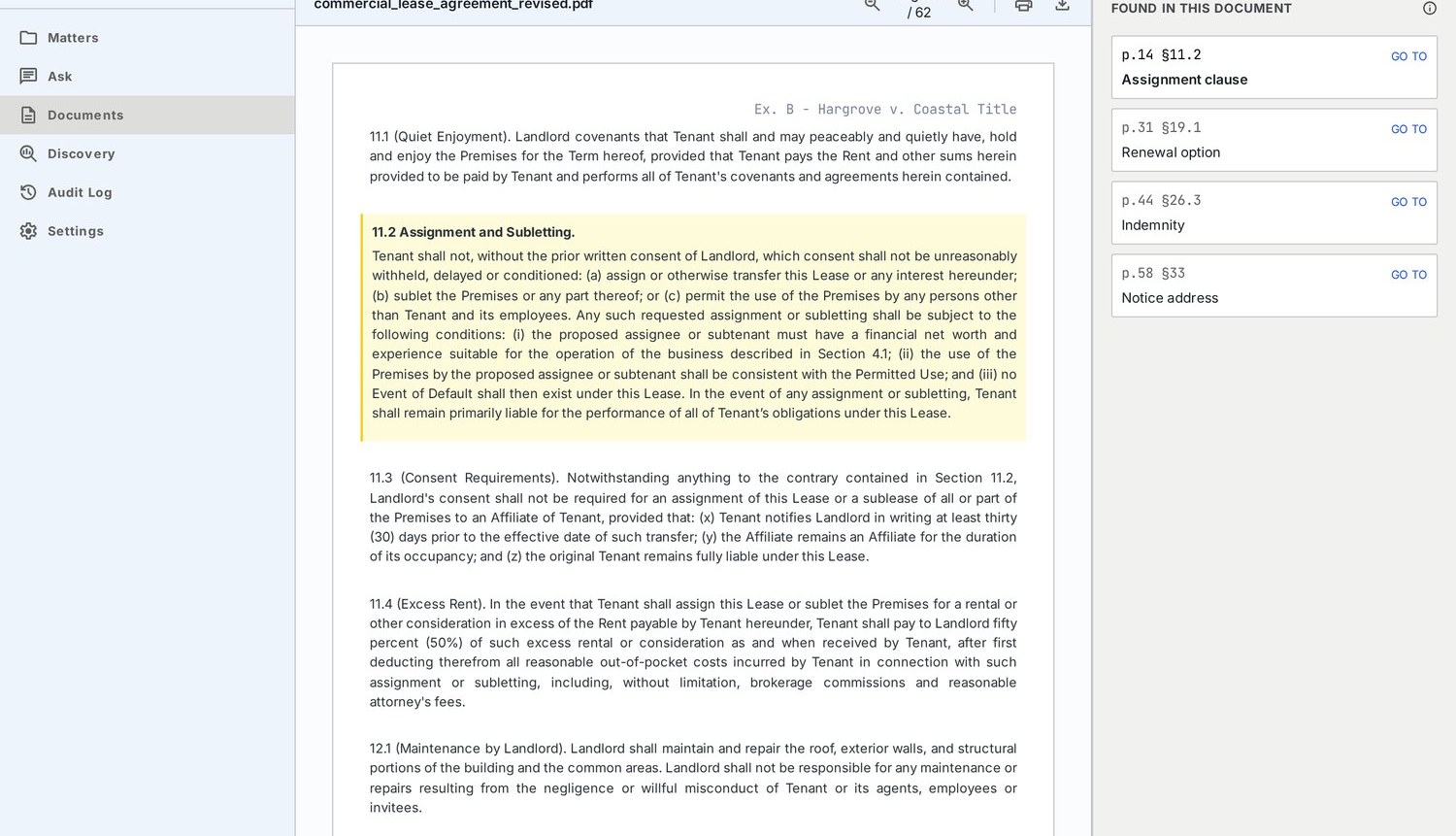 A 62 page lease open at page 14, the assignment clause highlighted, with a panel listing four clauses and the page each one is on