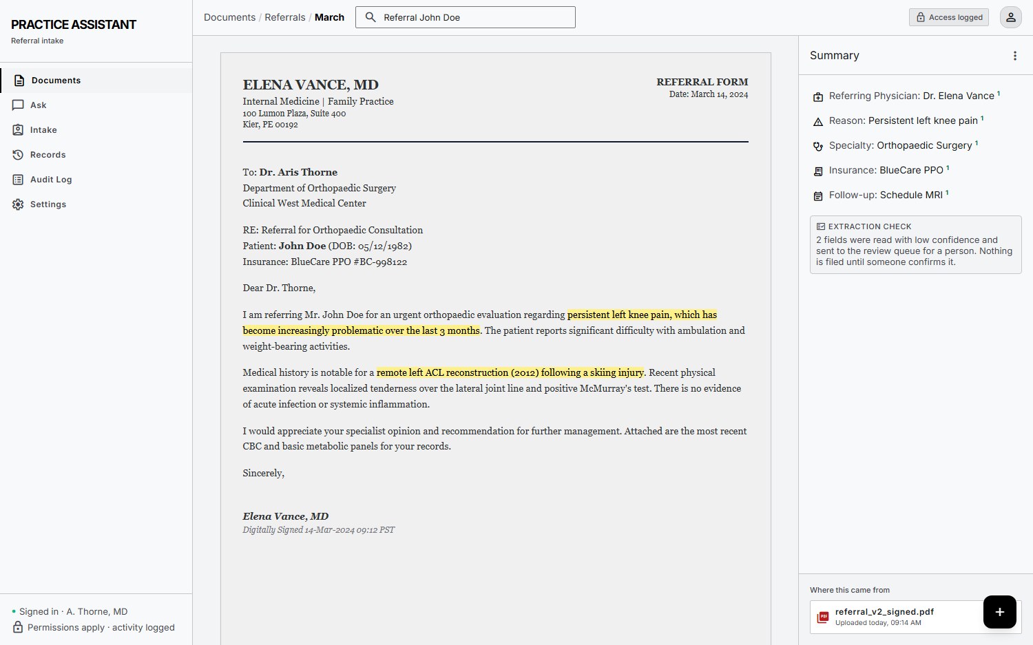 A referral letter with the key fields pulled out beside it, two low confidence fields held back for a person to confirm