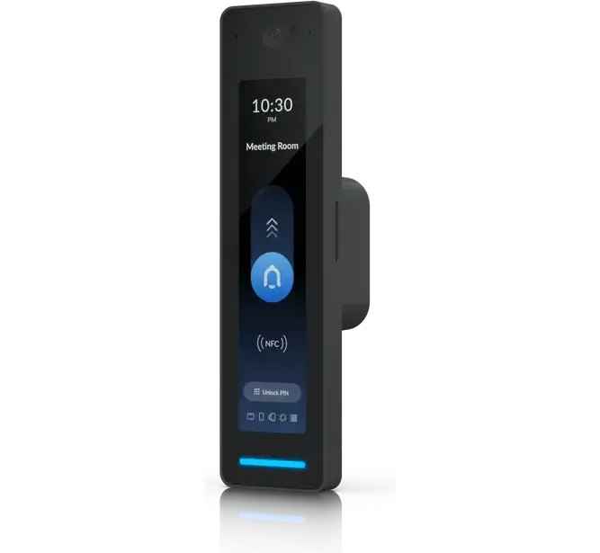 A door reader with its screen lit
